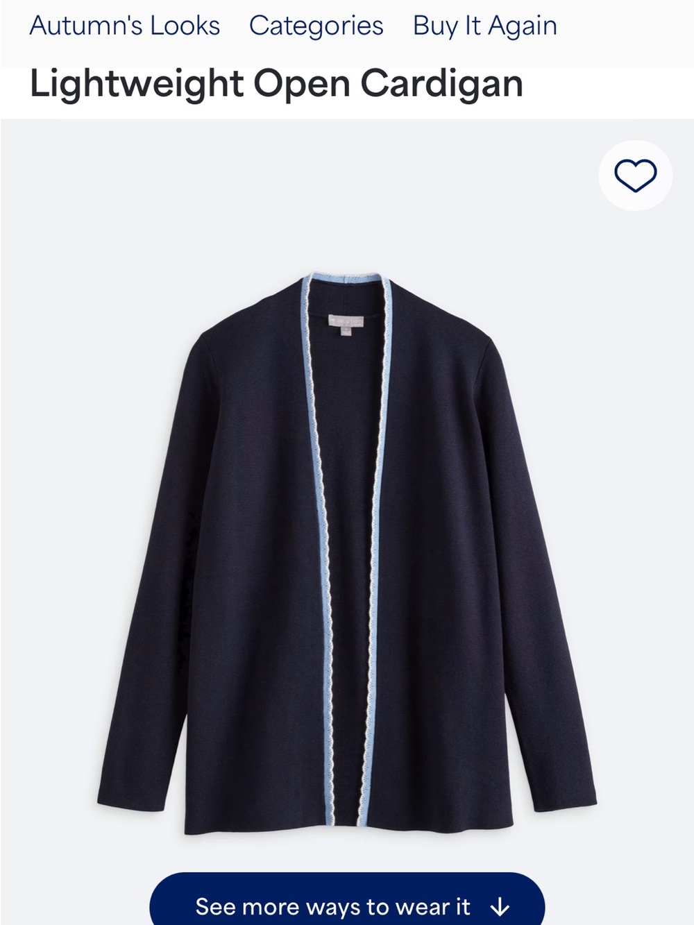 Open Front Navy Cardigan with Light Blue Trim